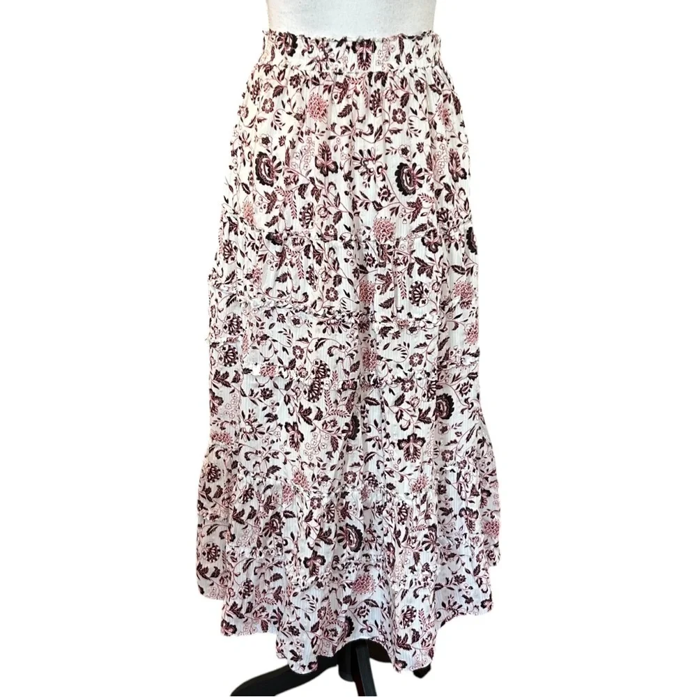 LOFT Shimmer Vine Tiered Maxi Skirt Women’s SZ XS in White Multicolor‎ Pretty